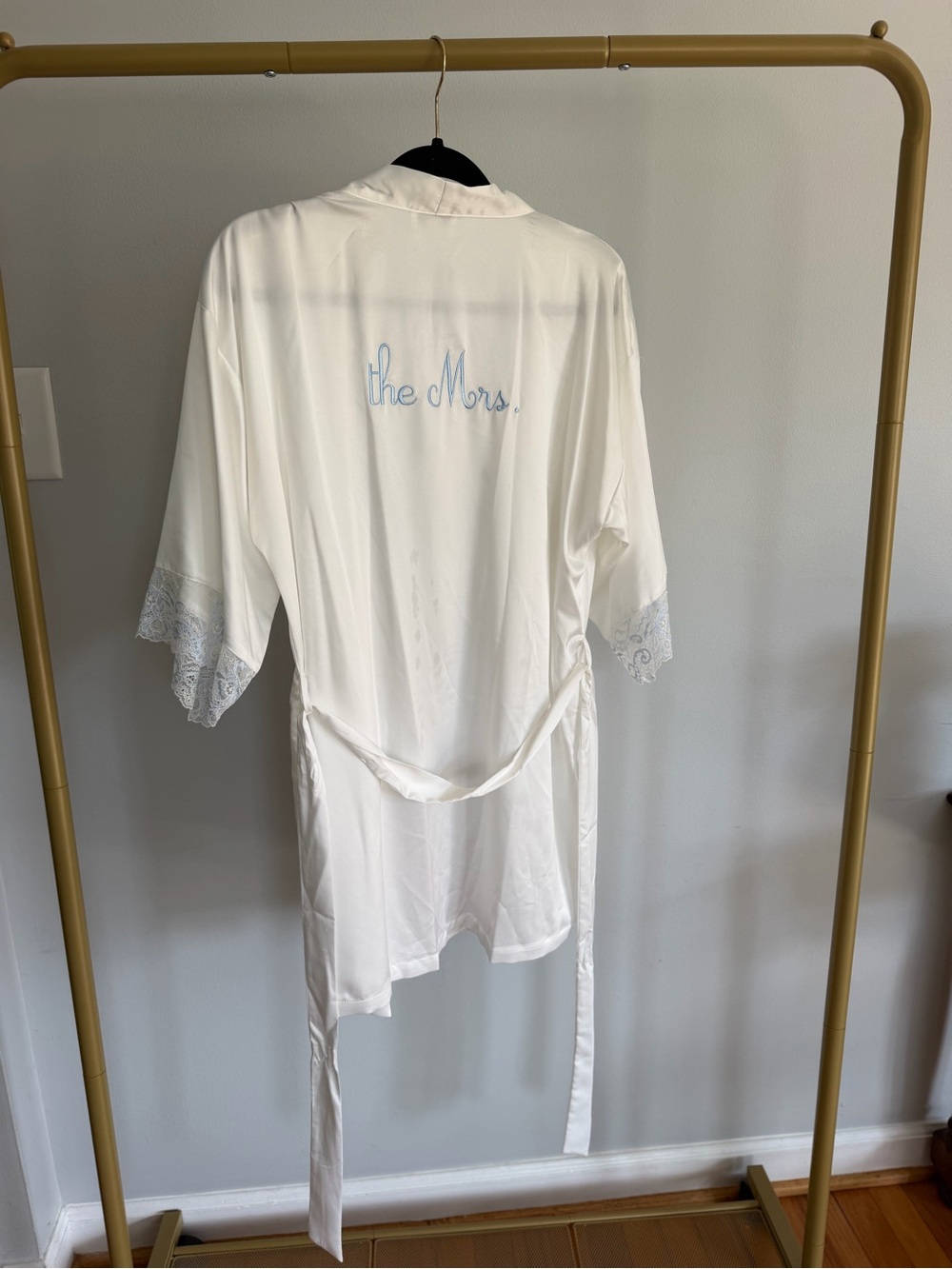 Mrs. Embroidered Satin Bridal Robe in White